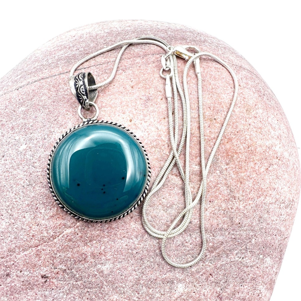 Teal Green Agate Pendant Necklace 925‎ Silver 20" Chain Southwestern Sterling
